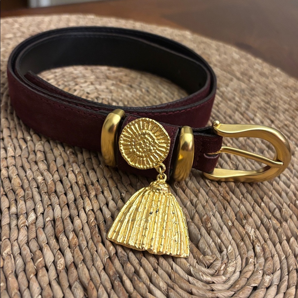 Vintage Leather Shop Gold buckle charm  Burgundy suede Women's Belt Made in USA